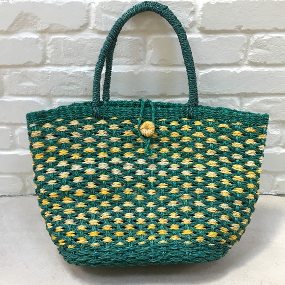 Vintage Handbags - SOLD :: Vintage Green & Yellow Woven Straw Tote